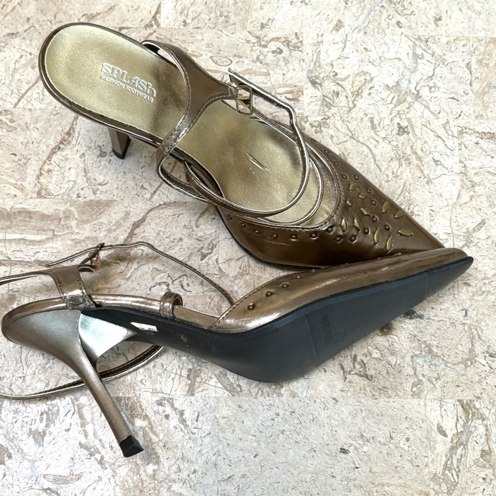 Metallic Bronze Elegant Dress Sandal Splash Stiletto Vintage Size 6.5 M